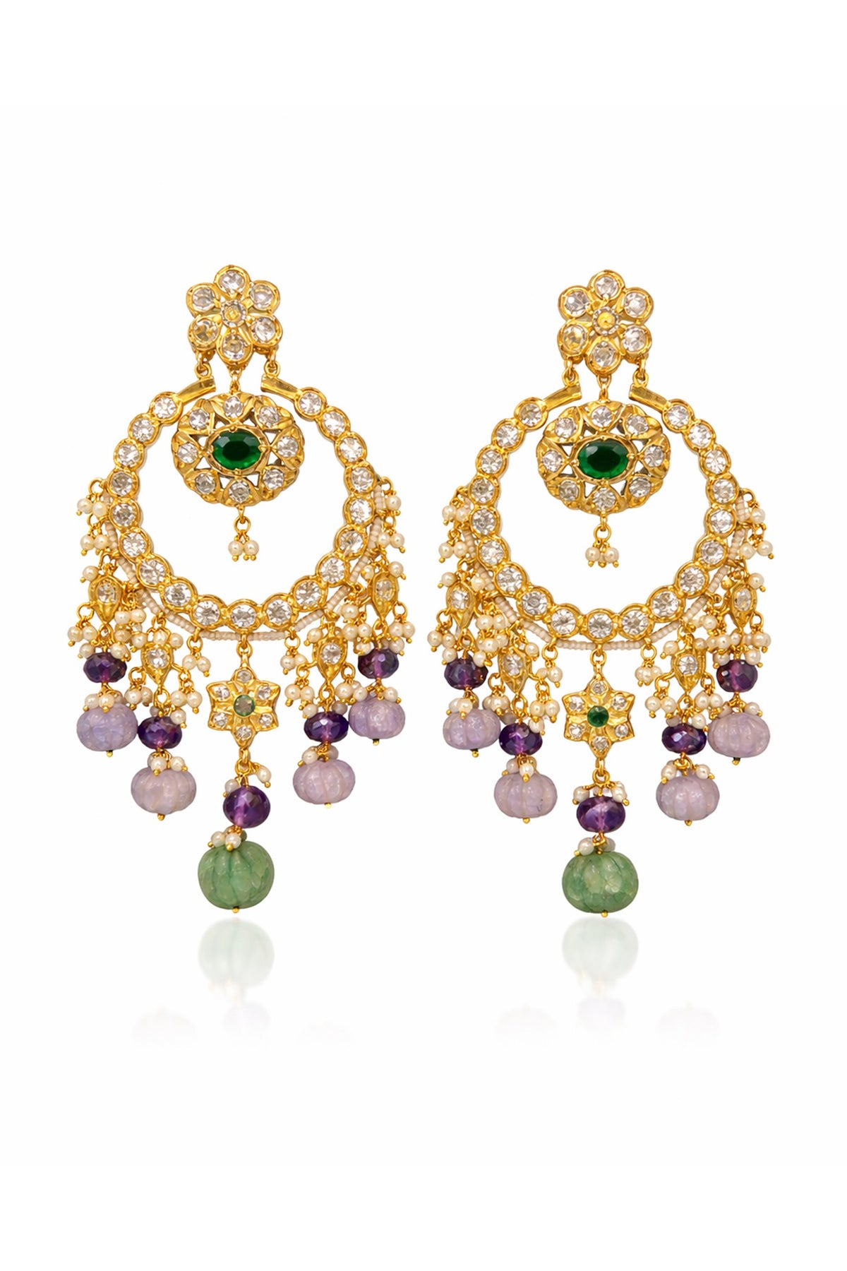 Gold Finish Crystal & Beaded Chandbali Earrings