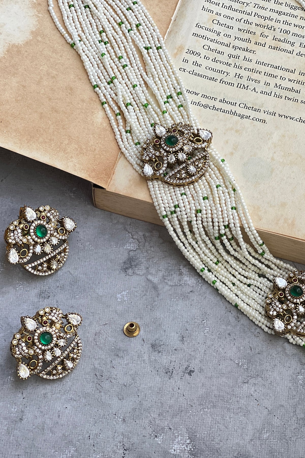 Gold Finish Kundan Polki & Pearl Long Necklace Set
