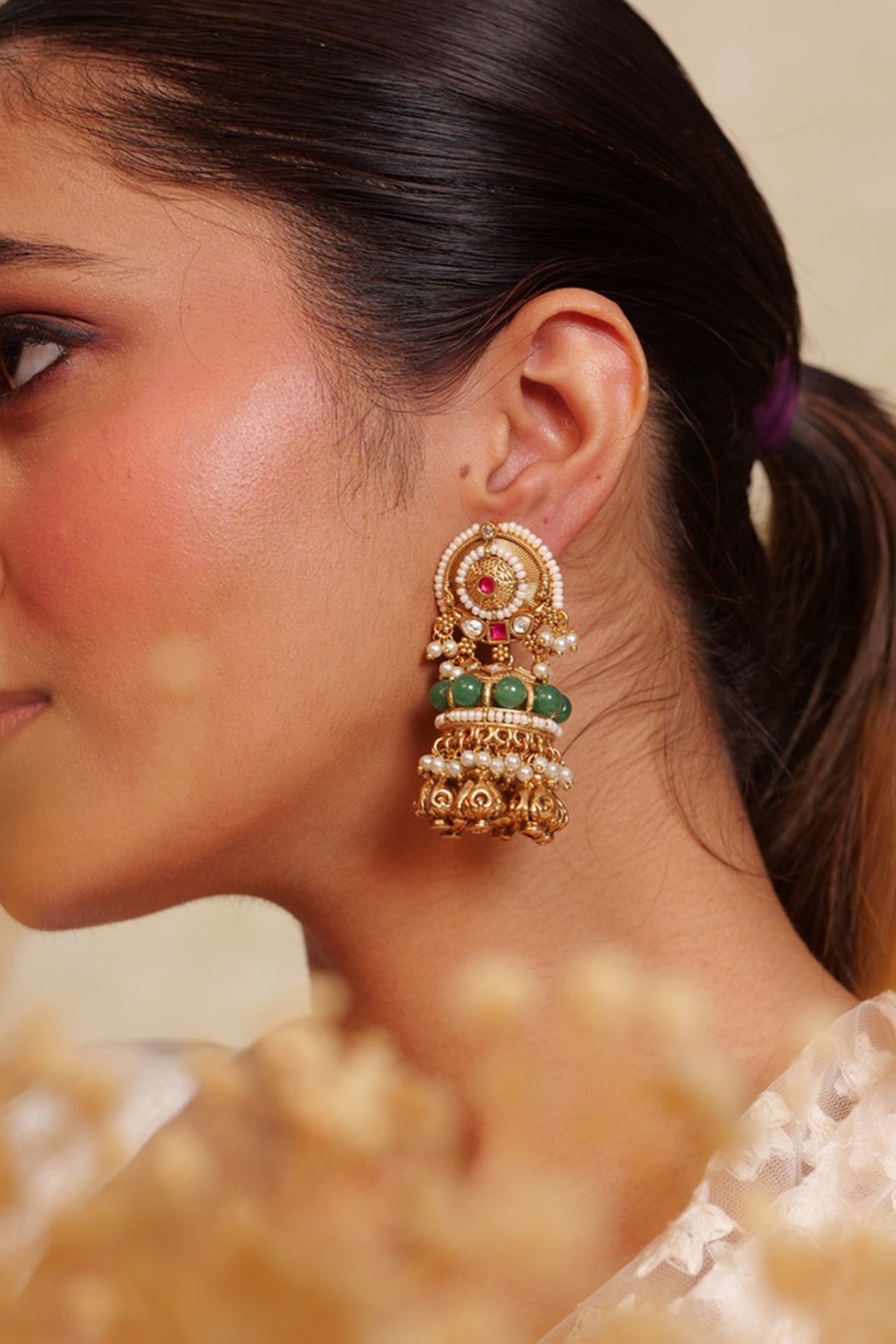 Antique Gold Finish Emerald Beaded & Ruby Stone Temple Jhumka Earrings