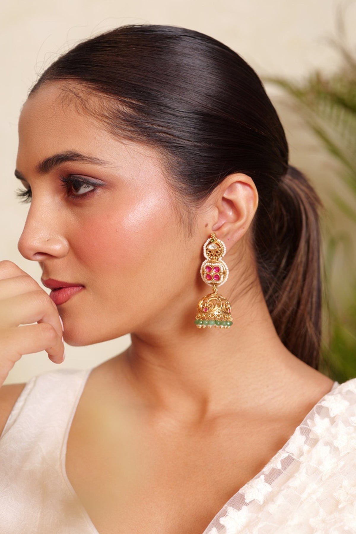 Antique Gold Finish Synthetic Ruby & Green Stone Temple Jhumka Earrings