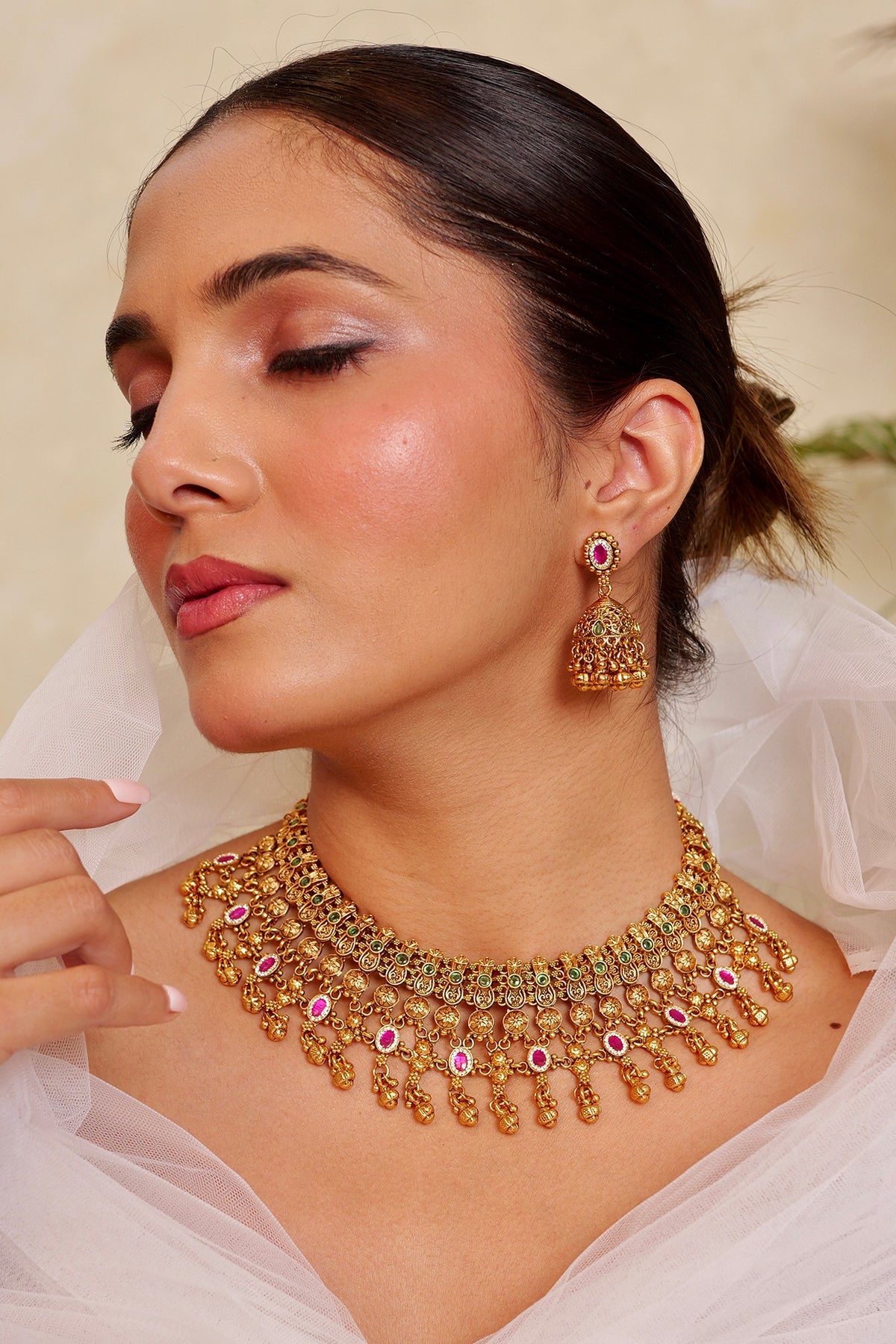 Antique Gold Finish Kundan Polki & Ruby Stone Temple Choker Necklace Set