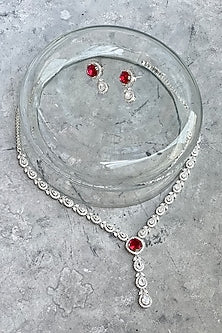White Finish Zircon & Red Stone Long Necklace Set
