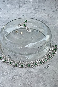 White Finish Zircon & Green Stone Choker Necklace Set