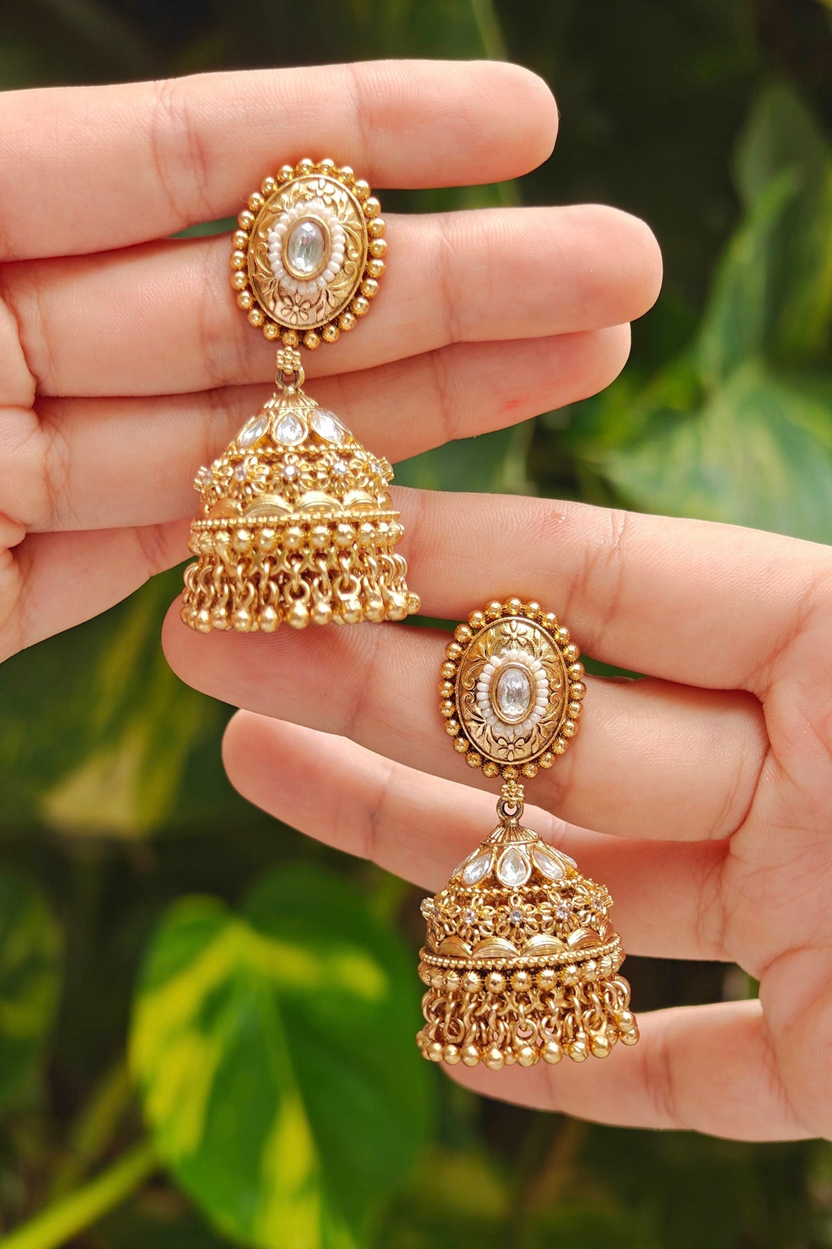 Gold Finish Pearl Temple Jhumka Earrings