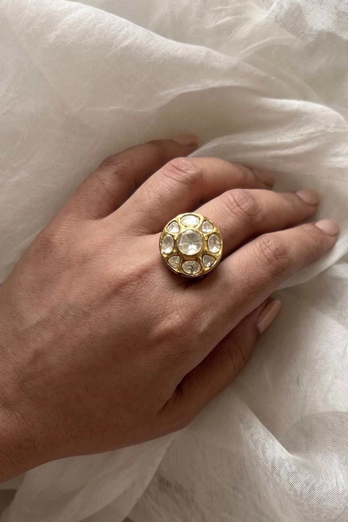 Gold Finish Moissanite Polki Adjustable Ring