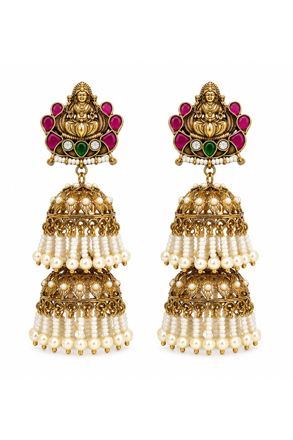 Gold Finish Faux Pearl & Ruby Stone Jhumka Earrings