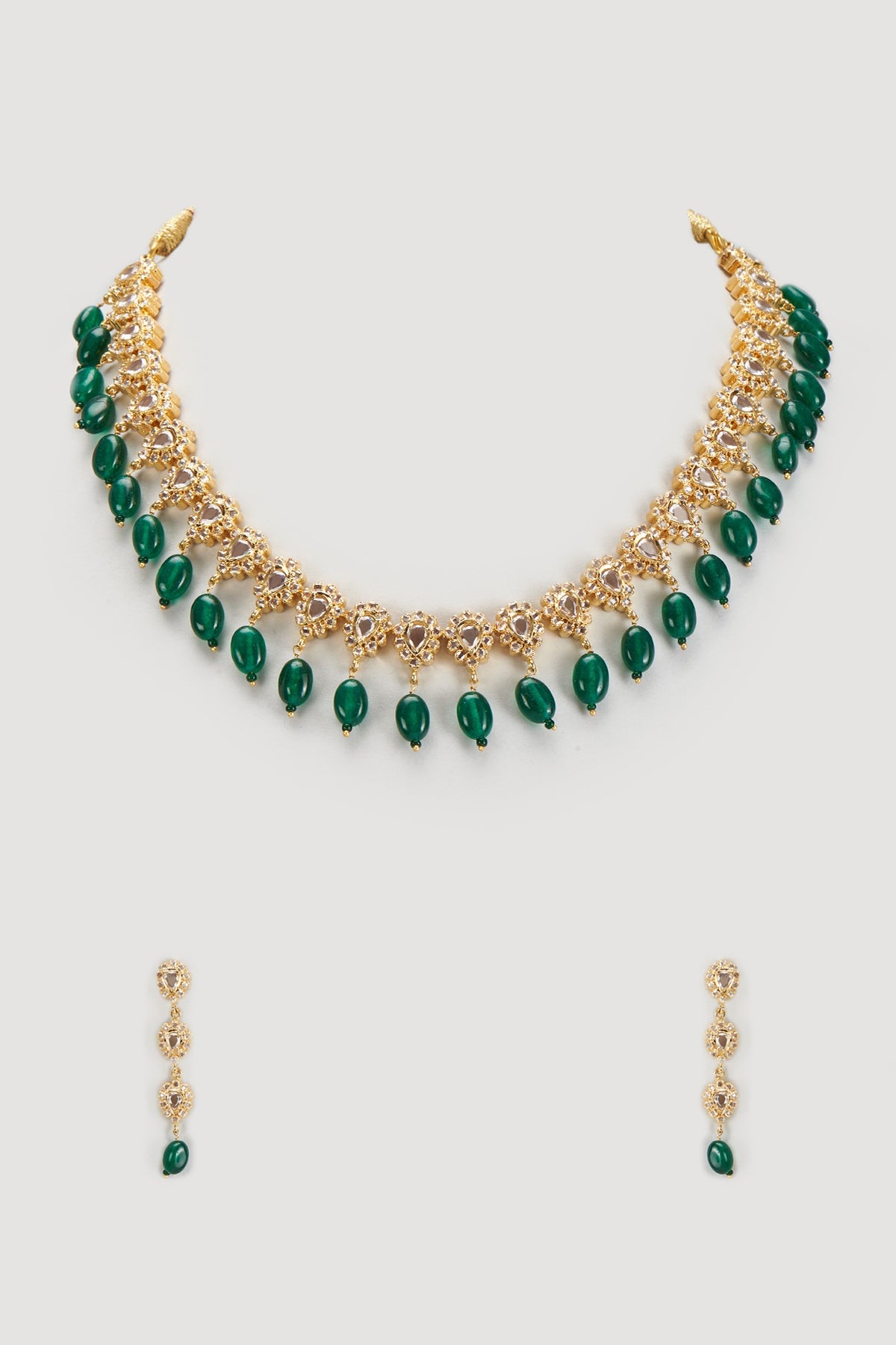 Gold Finish Kundan & Green Crystal Choker Necklace Set