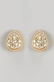 Gold Finish Kundan Polki & Crystal Teardrop Stud Earrings