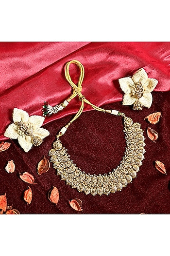Gold Finish Multi-Colored Stone Temple Choker Necklace Set