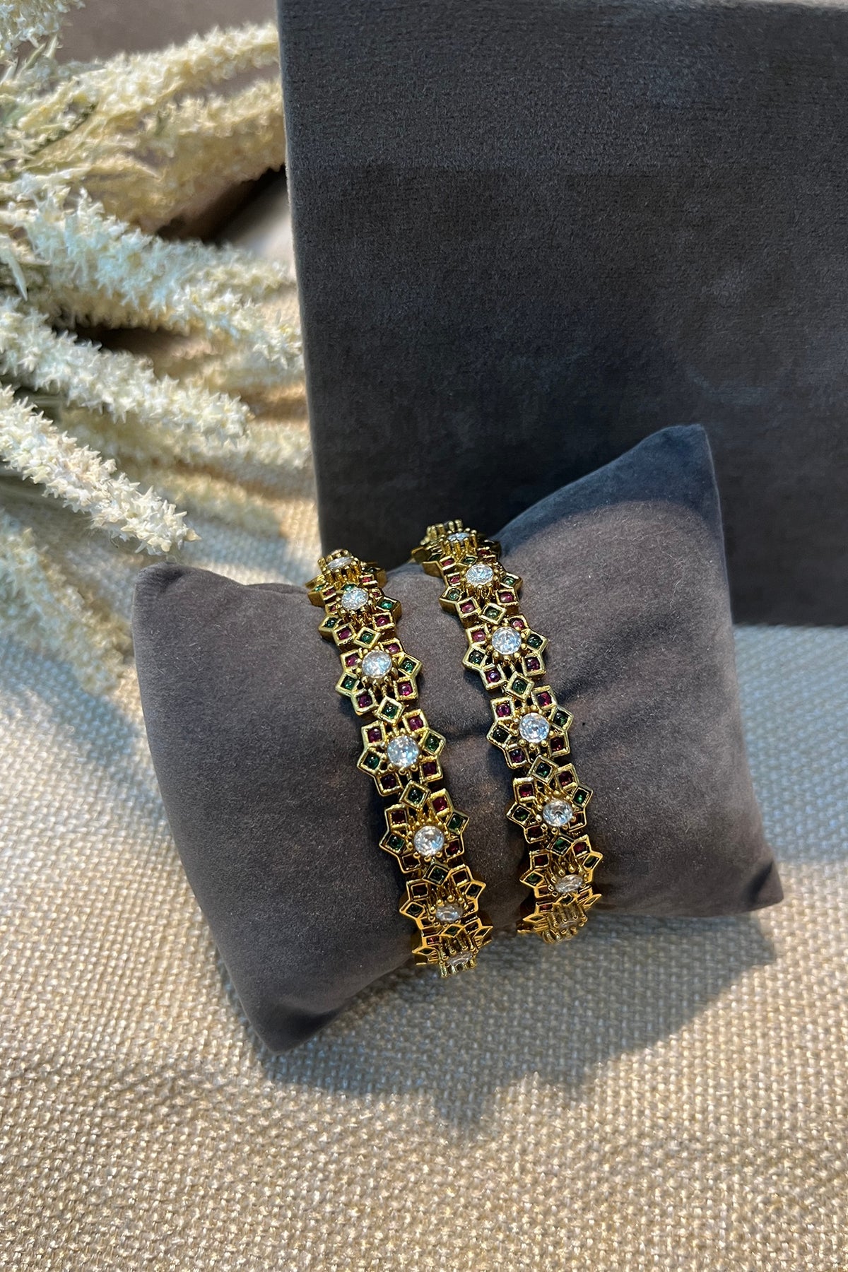 Gold Finish Multi-Colored Stone Temple Bangles (Set Of 2)