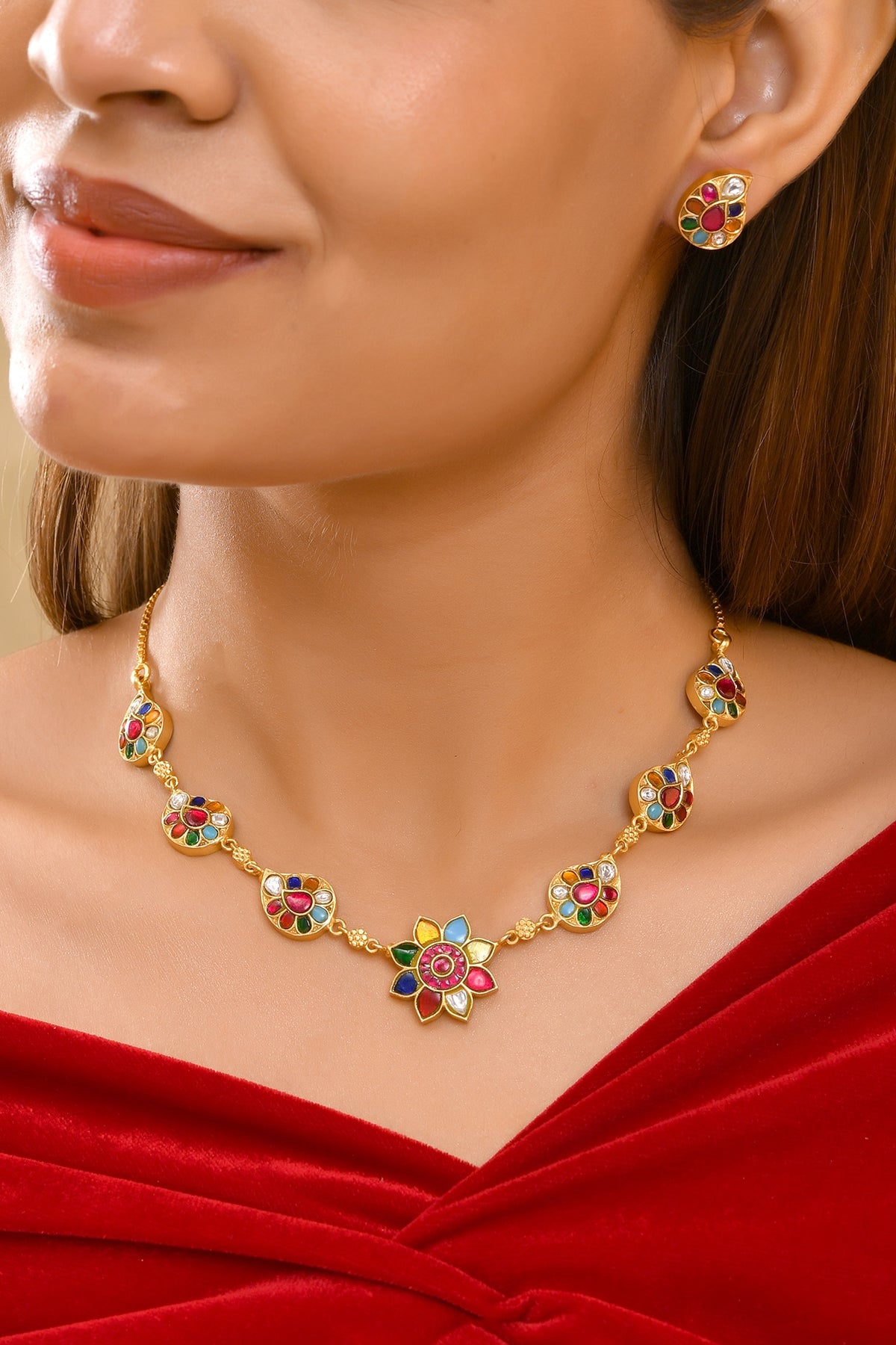 Gold Finish Moissanite Polki & Multi-Colored Gemstone Necklace Set