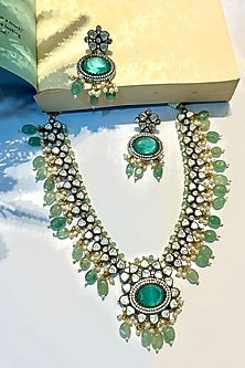 Gold Finish Kundan Polki & Jade Beaded Long Necklace Set