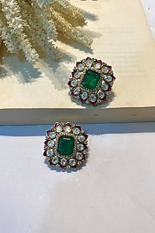 Gold Finish Kundan Polki & Green Stone Stud Earrings