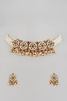 Gold Finish Zircon & Pearl Choker Necklace Set