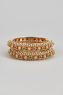 Gold Finish Stone & Pearl Filigree Bangles (Set Of 2)