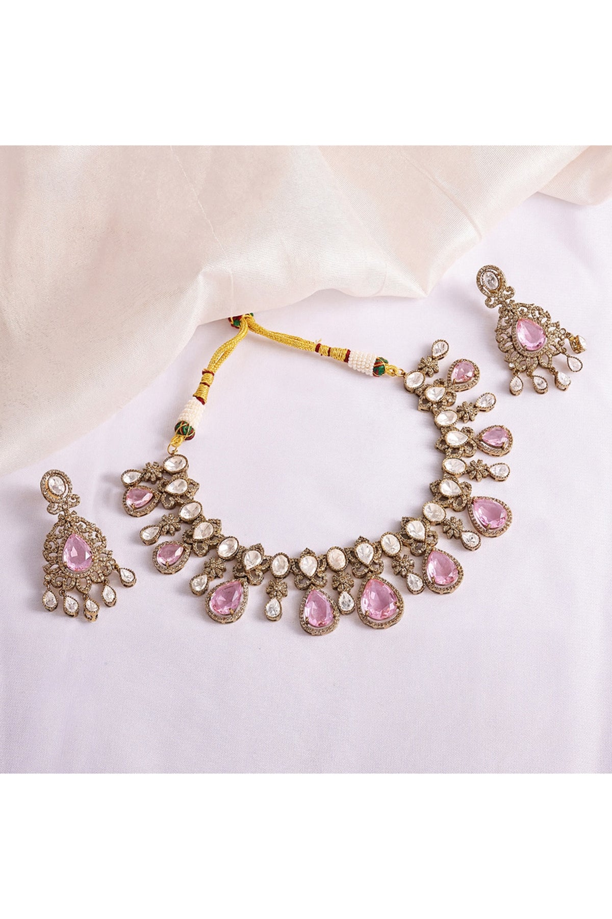 Antique Gold Finish Pastel Pink Stone & Kundan Polki Choker Necklace Set
