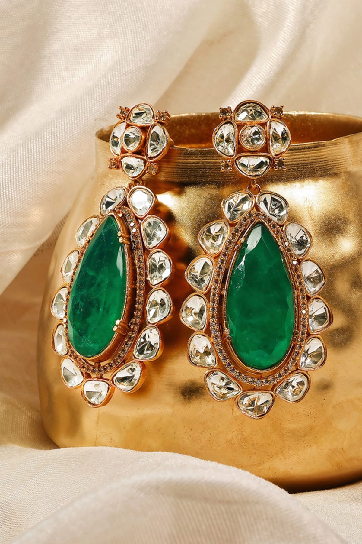 Gold Finish Kundan Polki & Green Panna Stone Dangler Earrings