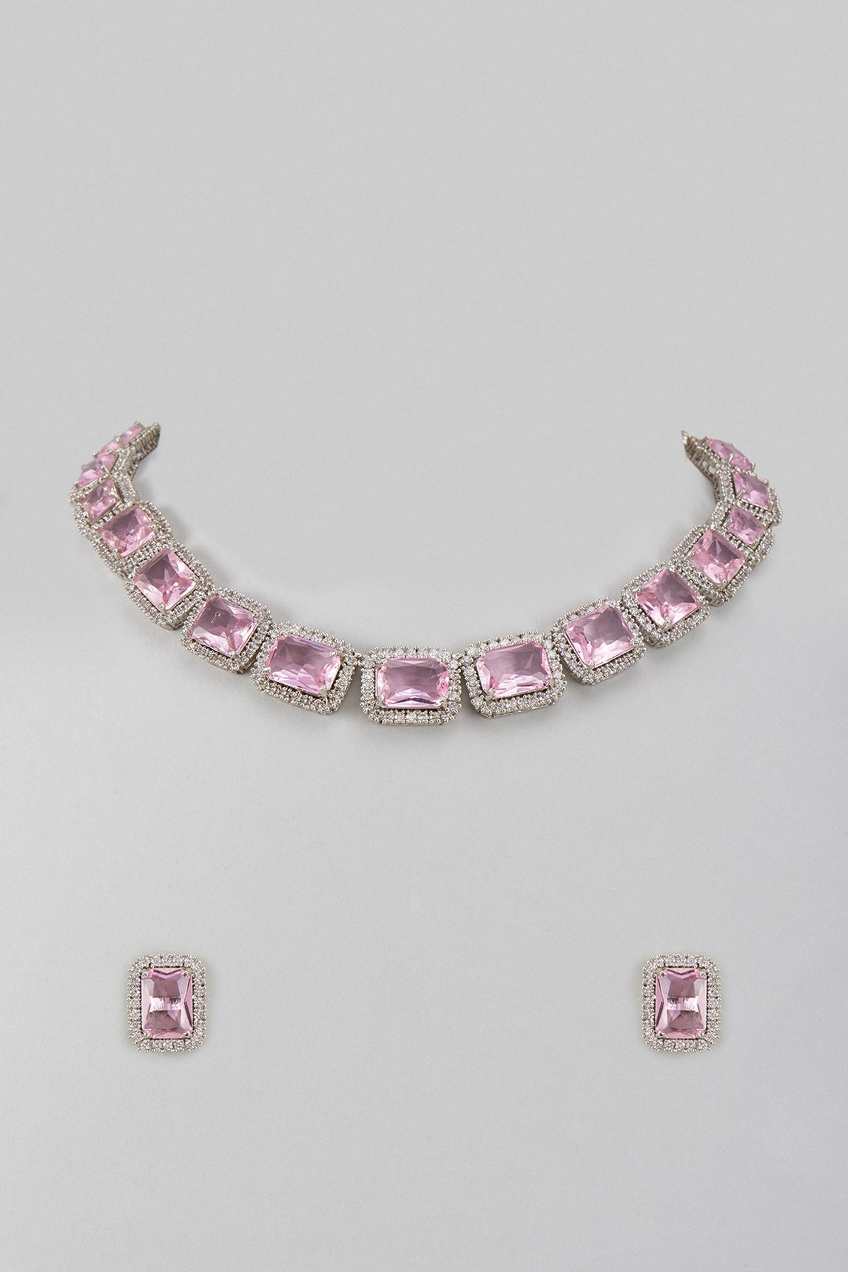 White Finish Zircon & Blush Pink Stone Choker Necklace Set