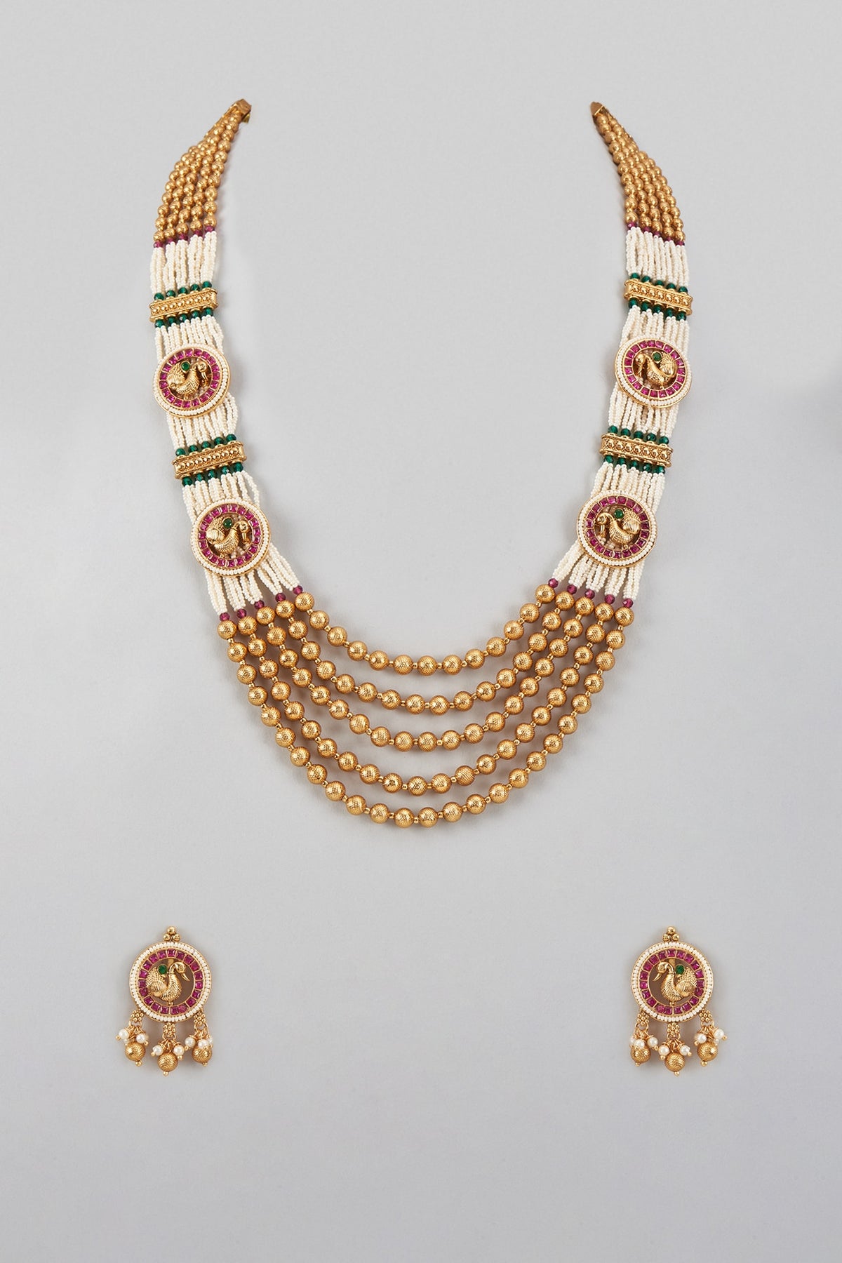 Gold Finish Pearl Temple Long Necklace Set