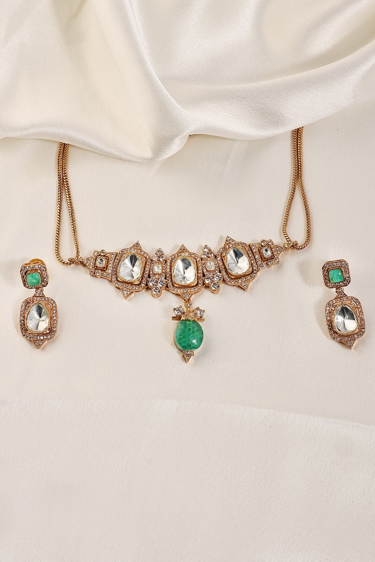 Gold Finish Kundan Polki & Emerald Choker Necklace Set