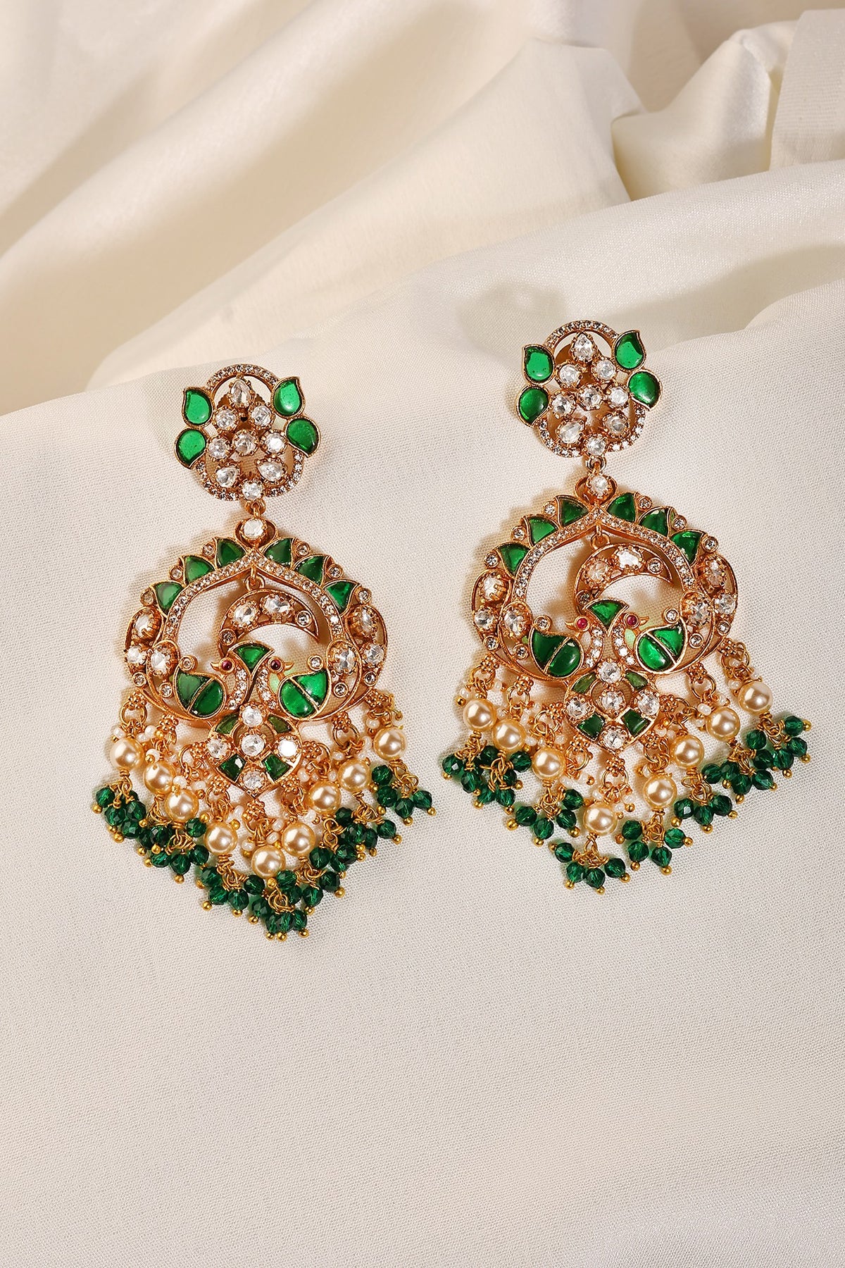 Gold Finish Kundan Polki & Emerald Chandbali Earrings