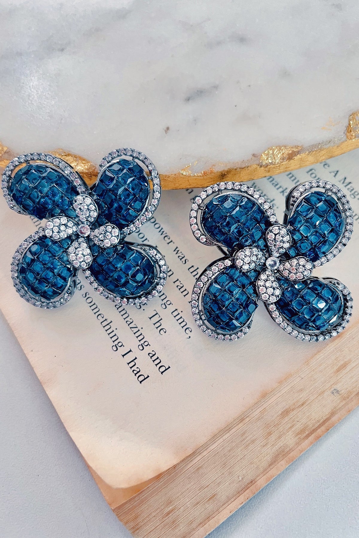 White Finish Blue Zircon Handcrafted Stud Earrings