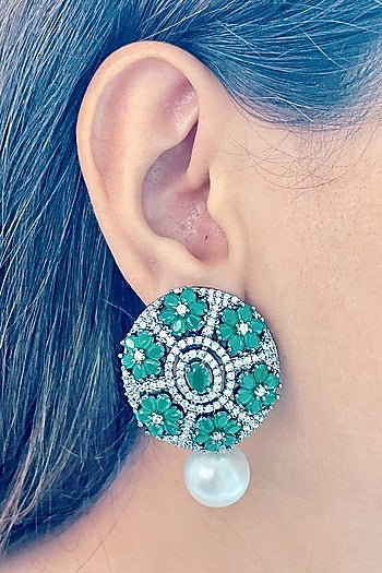 White Finish Green Zircon Handcrafted Stud Earrings