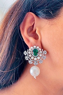 White Finish Green Zircon & Pearl Handcrafted Stud Earrings