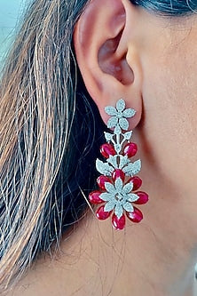 White Finish Red Zircon & Diamond Dangler Earrings