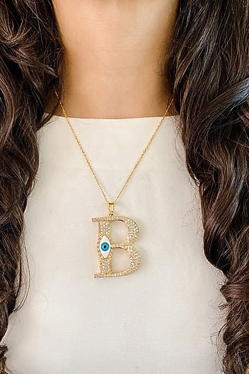 Gold Plated Diamond Evil Eye Initial Pendant Necklace