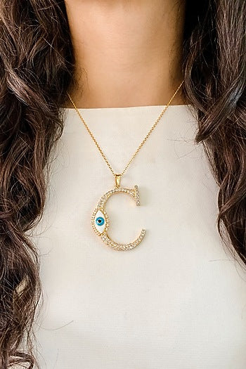 Gold Plated Diamond Evil Eye Initial Pendant Necklace