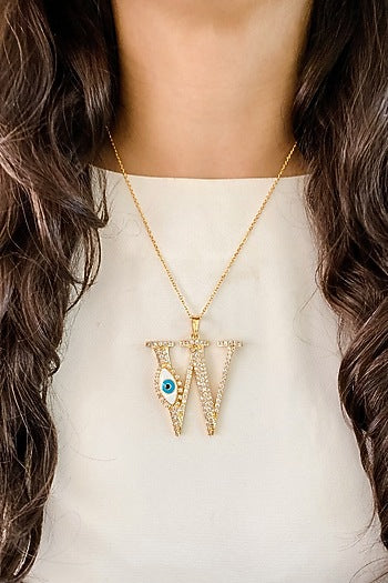 Gold Plated Diamond Evil Eye Initial Pendant Necklace