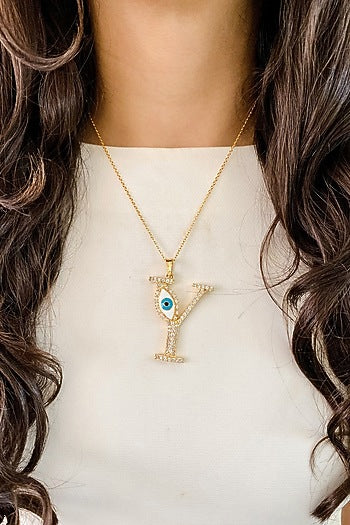 Gold Plated Diamond Evil Eye Initial Pendant Necklace