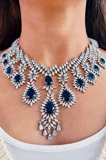 White Rhodium Plated Blue Zircon Necklace