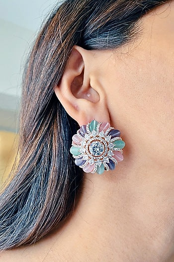 Rose Gold Finish Multi-Colored Zircon Floral Stud Earrings