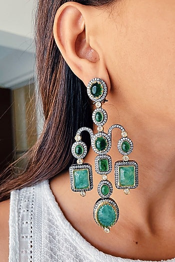 Black Rhodium Finish Green Diamond Dangler Earrings