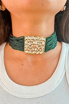 Gold Plated Kundan Polki & Green Beaded Choker Necklace