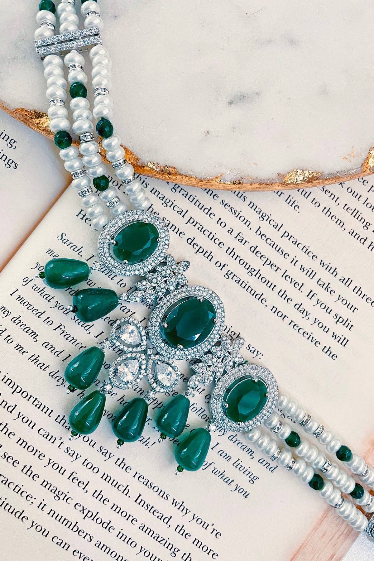 White Rhodium Plated White & Green Zircon Necklace