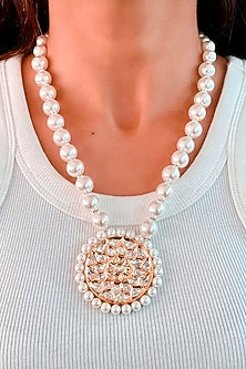 Gold Plated Kundan Polki & Pearl Pendant Necklace