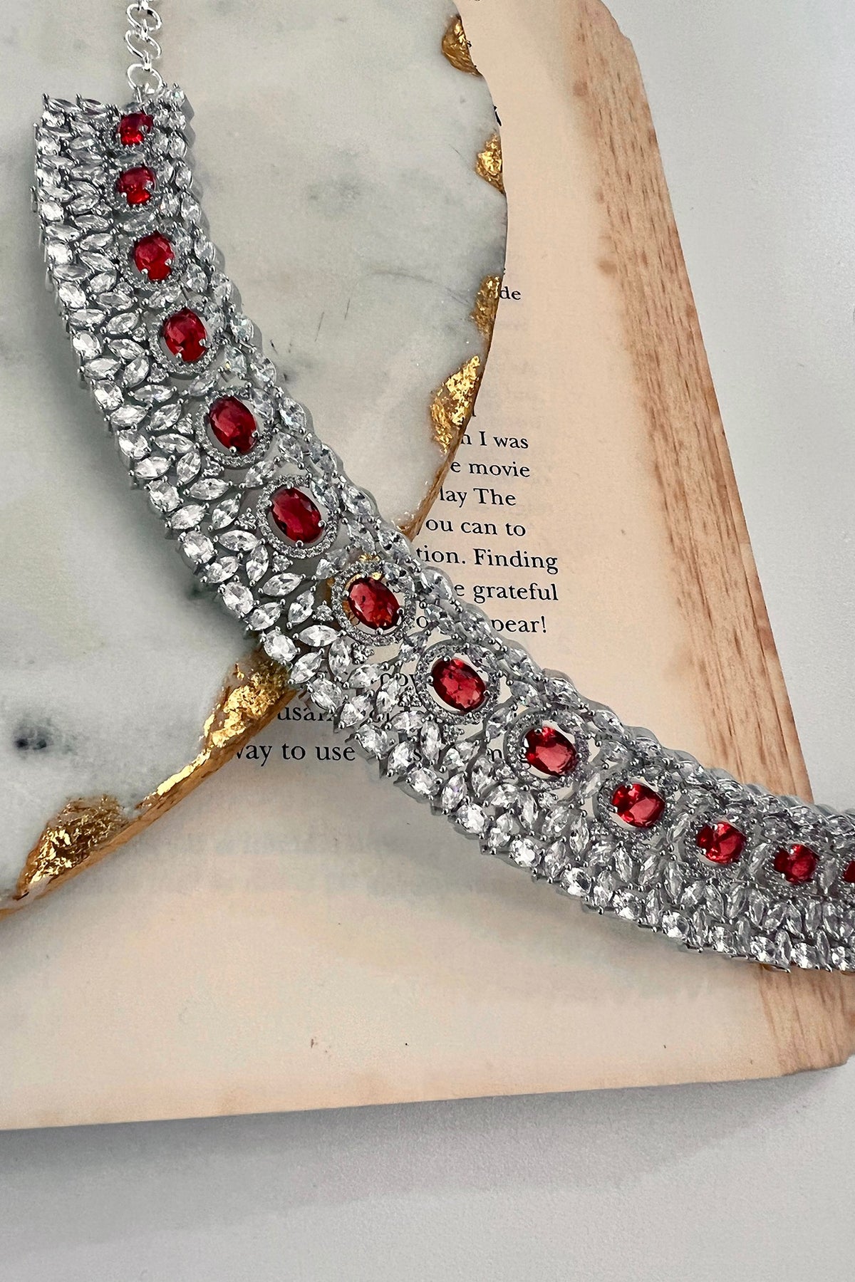 White Rhodium Plated Red Zircon Choker Necklace