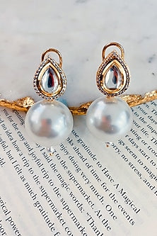 Gold Finish White Kundan Polki & Pearl Stud Earrings