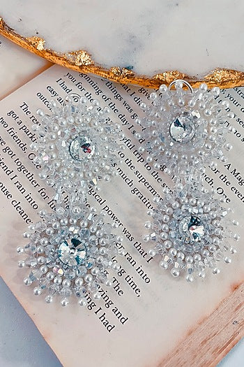 White Finish Pearl Floral Dangler Earrings