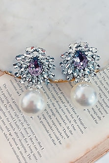 Black Rhodium Finish Pink Swarovski & Pearl Dangler Earrings