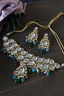 Gold Finish Multi-Colored Polki Choker Necklace Set