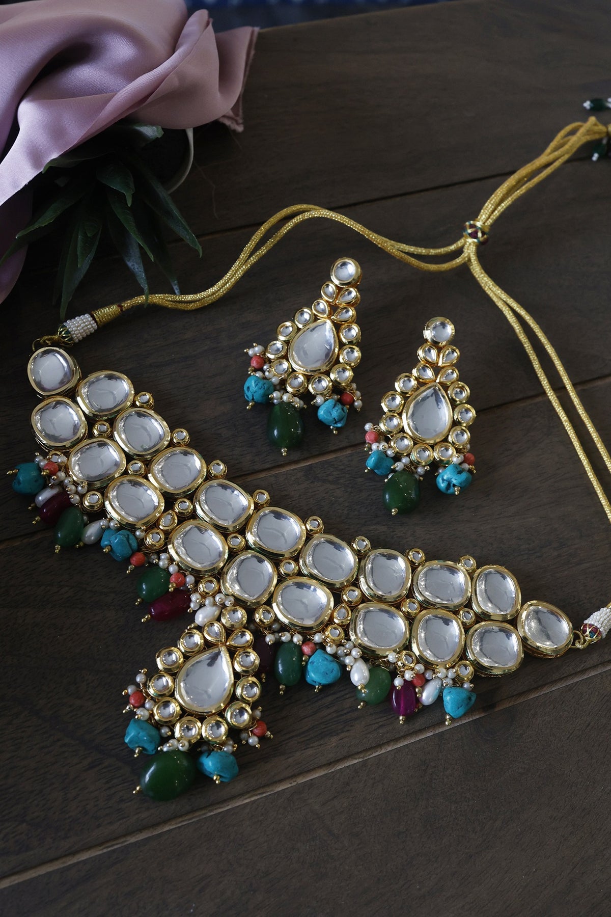 Gold Finish Multi-Colored Polki Choker Necklace Set