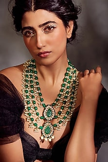 Gold Finish Green Kundan Layered Necklace
