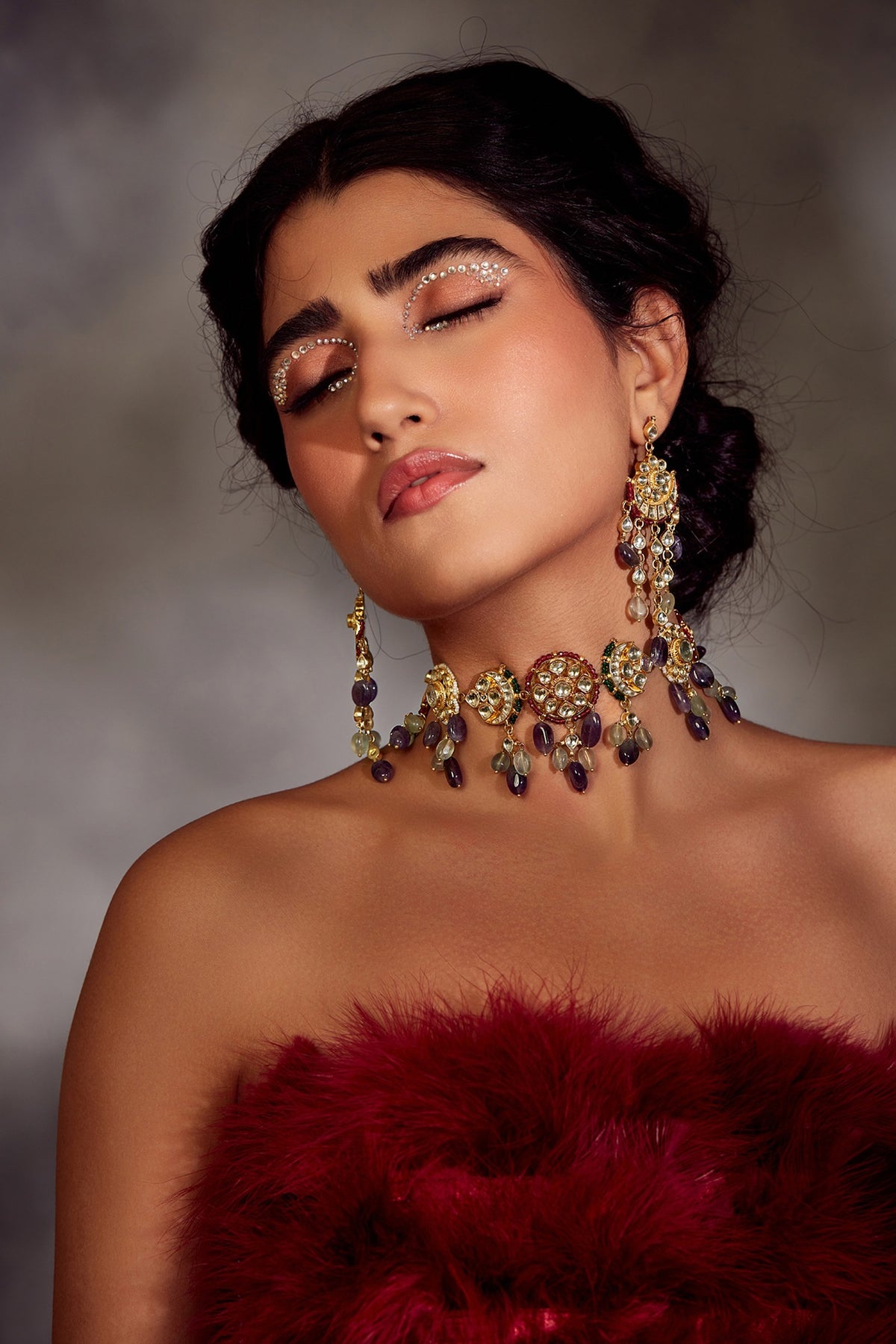 Gold Finish Purple & Mint Amethyst Stone Choker Necklace Set