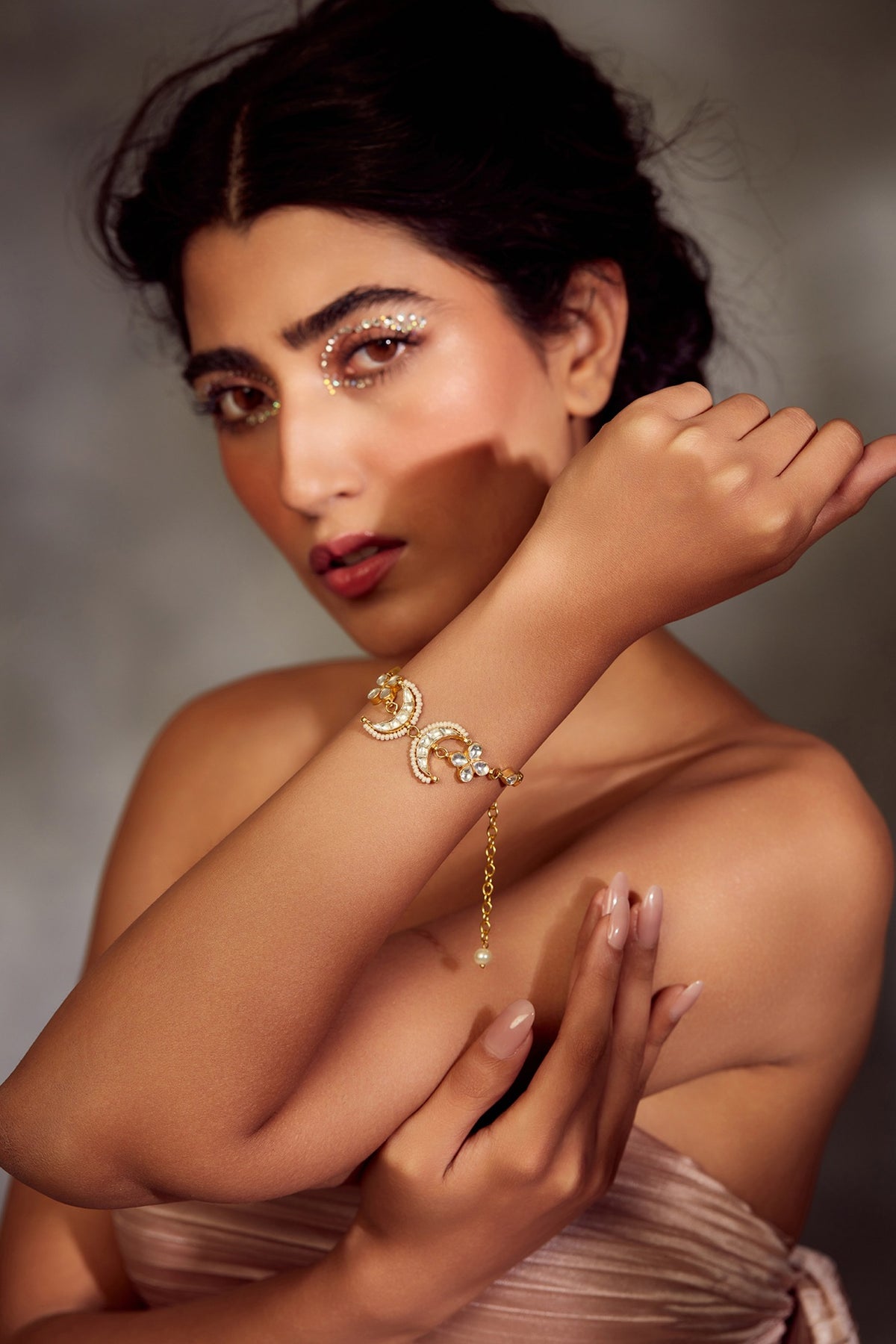 Gold Finish Kundan Polki & Pearl Bracelet