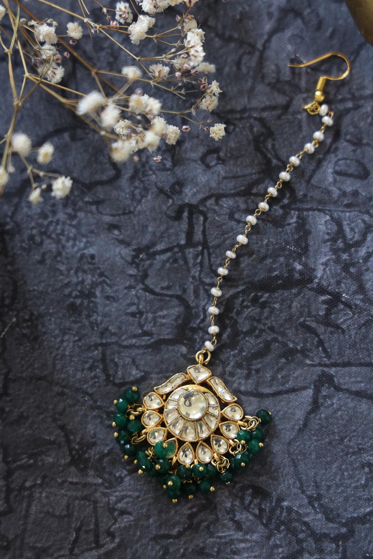 Gold Finish Green Bead & Kundan Maang Tikka