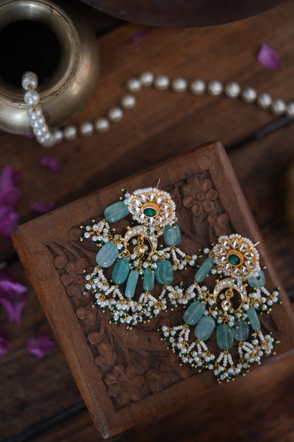 Gold Finish Kundan & Shell Pearl Earrings
